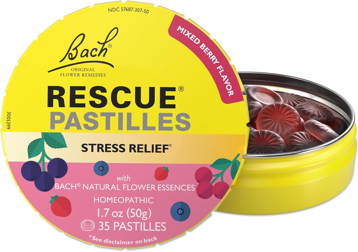 RESCUE Bach PASTILLES, Mixed Berry Flavor, Stress Relief Lozenges, Homeopathic, Flower Essences, 35 Count