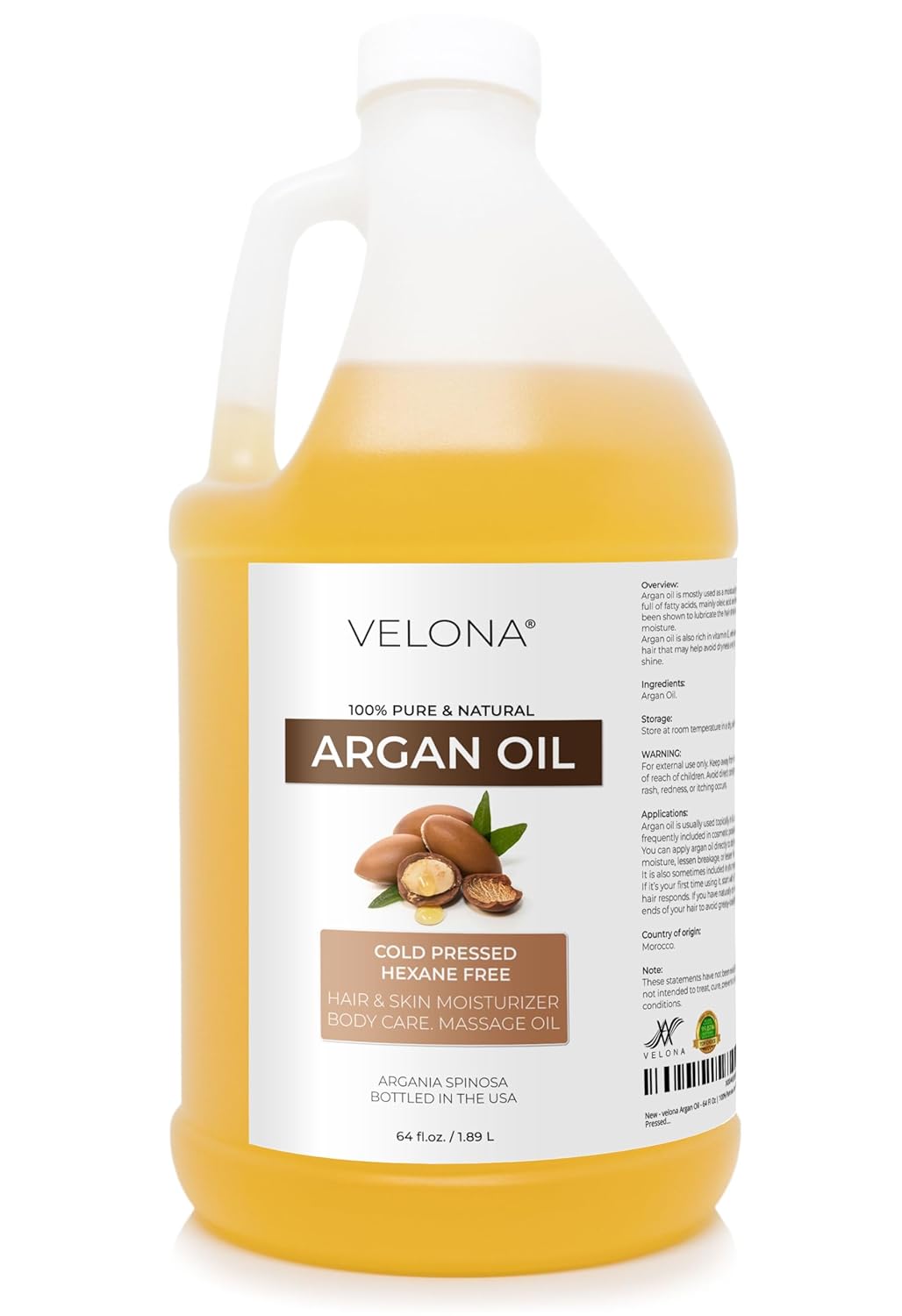 velona Argan Oil - 64 Fl Oz | 100% Pure and Natural | Morocco Oil | Skin, Body and Face Care | Nails Protector | Unrefined, Cold Pressed | Cap Kit