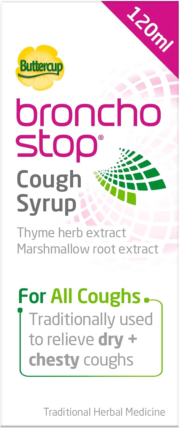 Bronchostop Cough Syrup (120ml) - Relief for Dry or Chesty Coughs - with Natural Thyme Herb and Marshmallow Root Extract - Non Drowsy Cough Medicine That Can Be Diluted & Undiluted - Alcohol Free