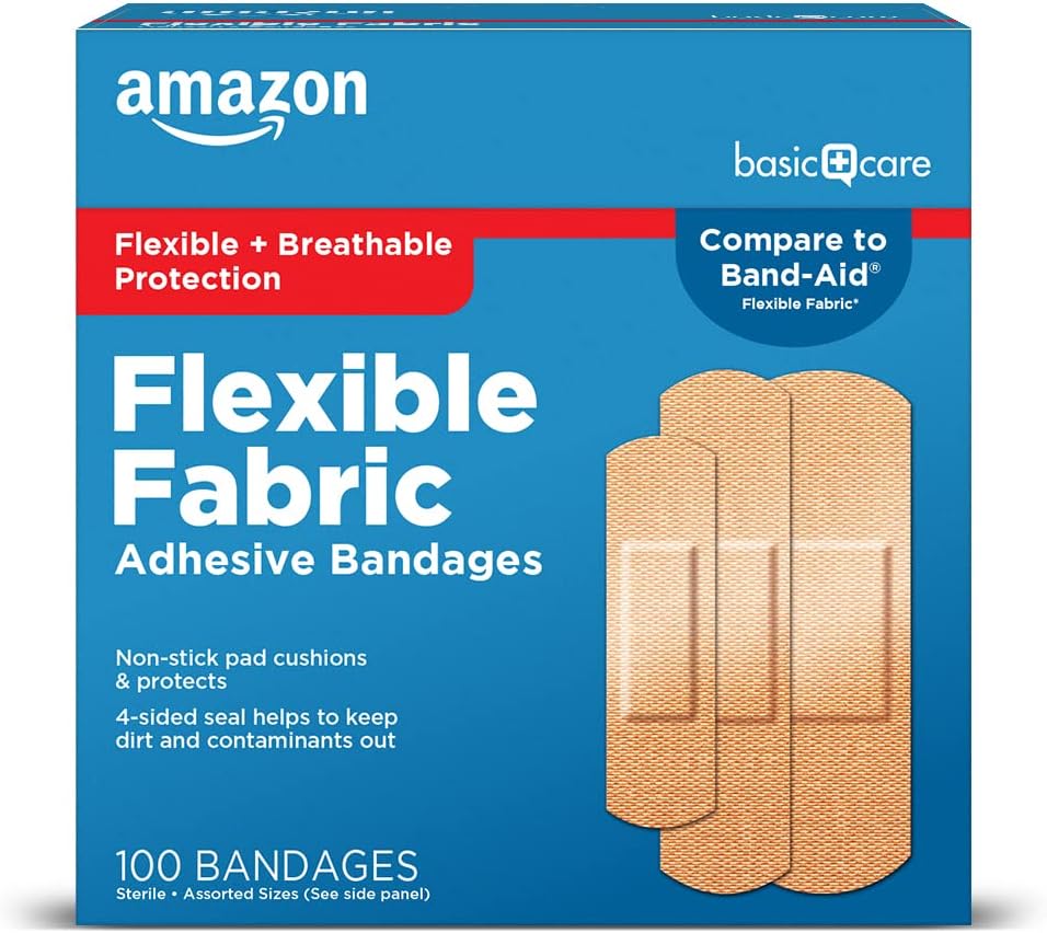 Amazon Basic Care Flexible Fabric Adhesive Bandages, First Aid and Wound Care Supplies, Assorted Sizes, 100 Count