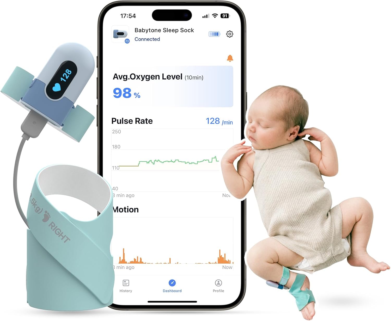 Babytone Baby Sleep Monitor, Baby Oxygen Monitor, Tracking Avg O2, Pulse Rate and Movement for Infant, Wearable Foot Monitor Smart Sock with Bluetooth and APP, for 0-36 Months Newborn's Sleep