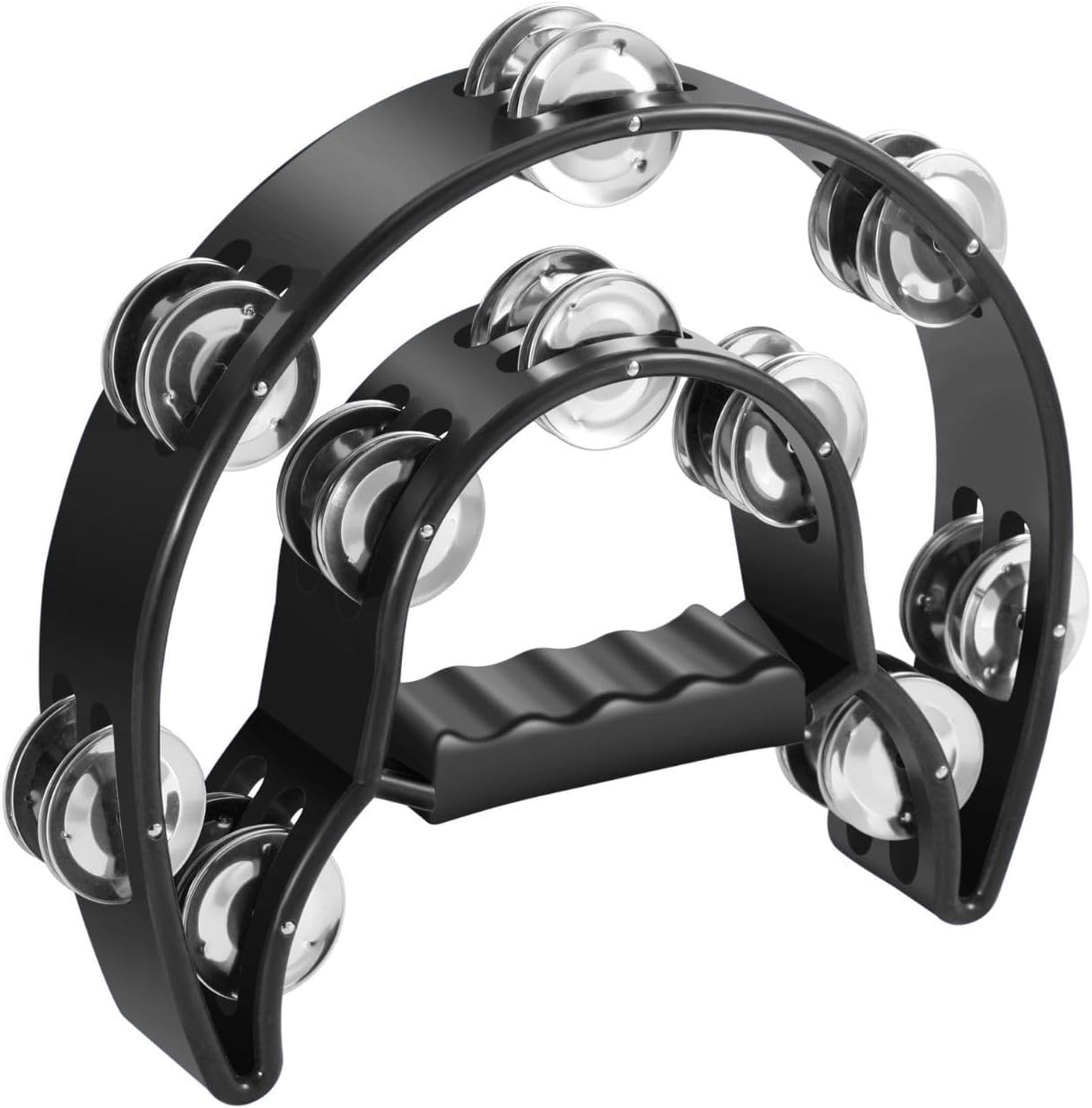 Flexzion Tambourine Metal Half Moon Musical Instruments Double Row Metal Jingles Hand Held Instruments Percussion with Ergonomic Handle Grip, Tambourines for Adults Church, Black