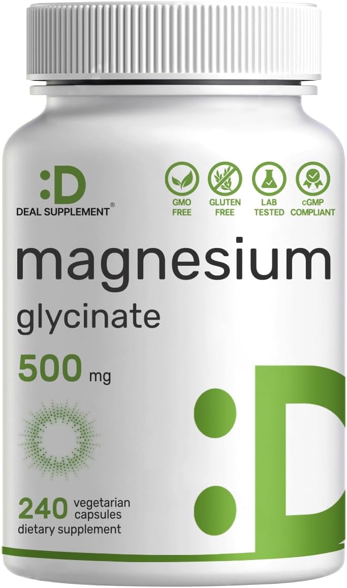 Magnesium Glycinate 500mg, 240 Veggie Capsules | 100% Chelated for Easy Absorption | Essential Mineral Supplement for Muscle, Sleep, & Heart Health