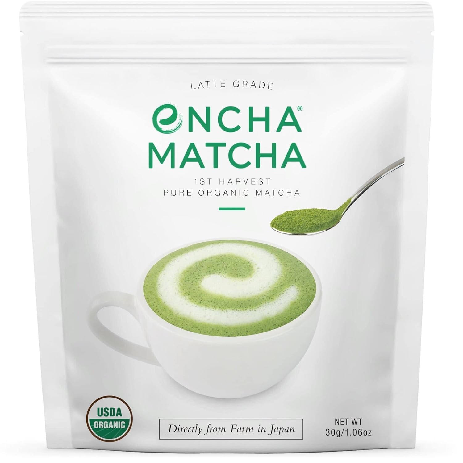Encha Latte Grade Matcha Powder - First Harvest Organic Unsweetened Matcha Green Tea, From Uji, Japan (30G/1.06 Ounce) Premium Powder for matcha latte, smoothie | Caffeine, L-Theanine
