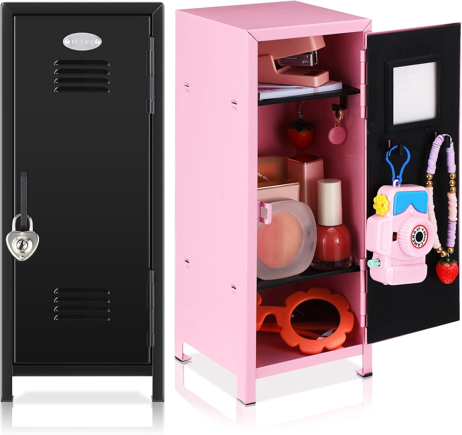 Vercraft 2 Pcs Mini Locker with Lock and 2 Keys 10.8 Inch Miniature Small Storage Locker Real Littles Cute for Back to School Desktop Bedroom Home Office Suppiles(Pink and Black)