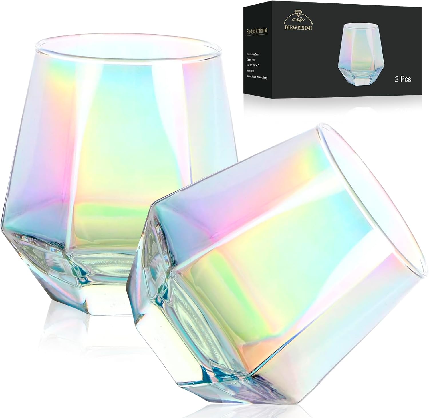Wine Glasses Set of 2, Diamond Stemless Wine Glasses - Iridescent Glassware