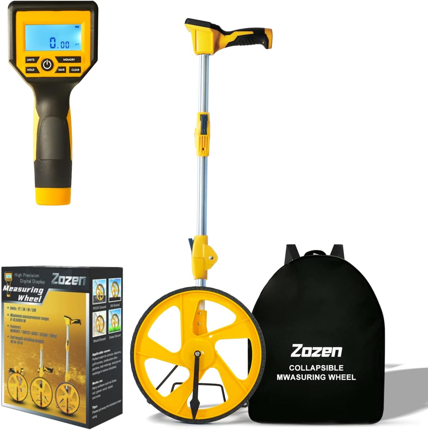 Zozen Measuring Wheel Digital Display, 3-Sections Foldable, Imperial/Metric Measure Wheel with Backlit Display | Up to 99,999Ft/ 99,999M | Kickstand to Keep Stand |Portable, Include Cloth Backpack.