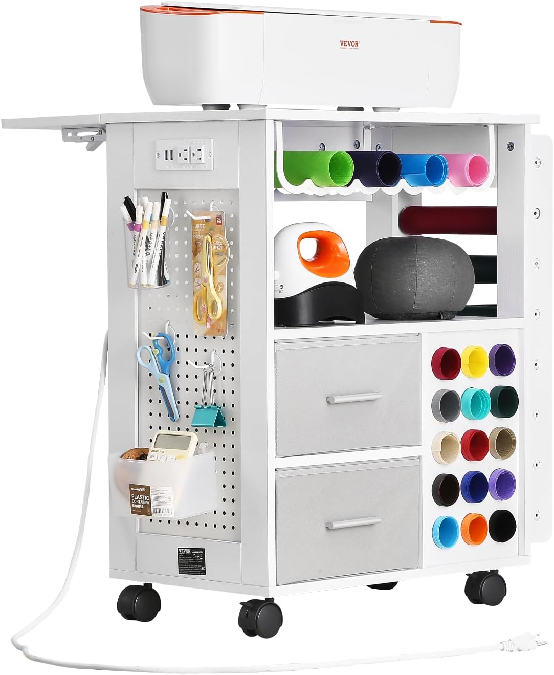 VEVOR Rolling Craft Cart and Storage Table, Compatible with Cricut Machines, Crafting Table Organization Workstation with 2 USB Ports and Outlets, 15 Vinyl Roll Holders and 2 Drawers, for Craft Room
