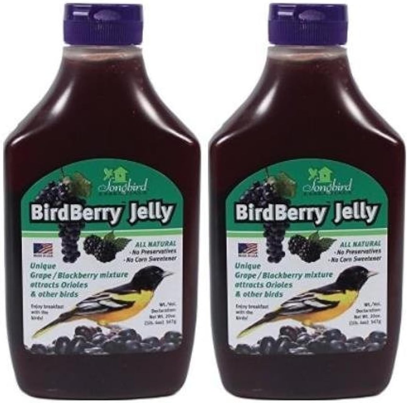 Songbird Essentials 20 Ounce BirdBerry Jelly Squeeze Bottle Bird Feeder Jelly, Grape and BlackBerry Jelly Made Just for Birds [Pack of 2]