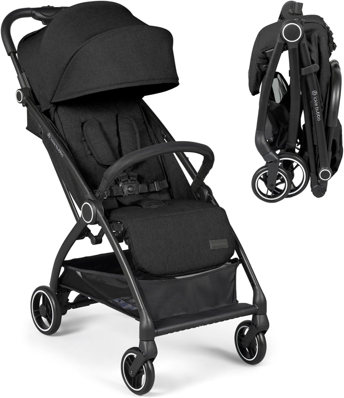 Ickle Bubba Aries Autofold Stroller - Feather-Light Design, Multi-Position Recline, and Handy Auto-Fold Mechanism, Large Seat from Birth to 22kg, UPF 50+ Hood, and Spacious Basket (Black)