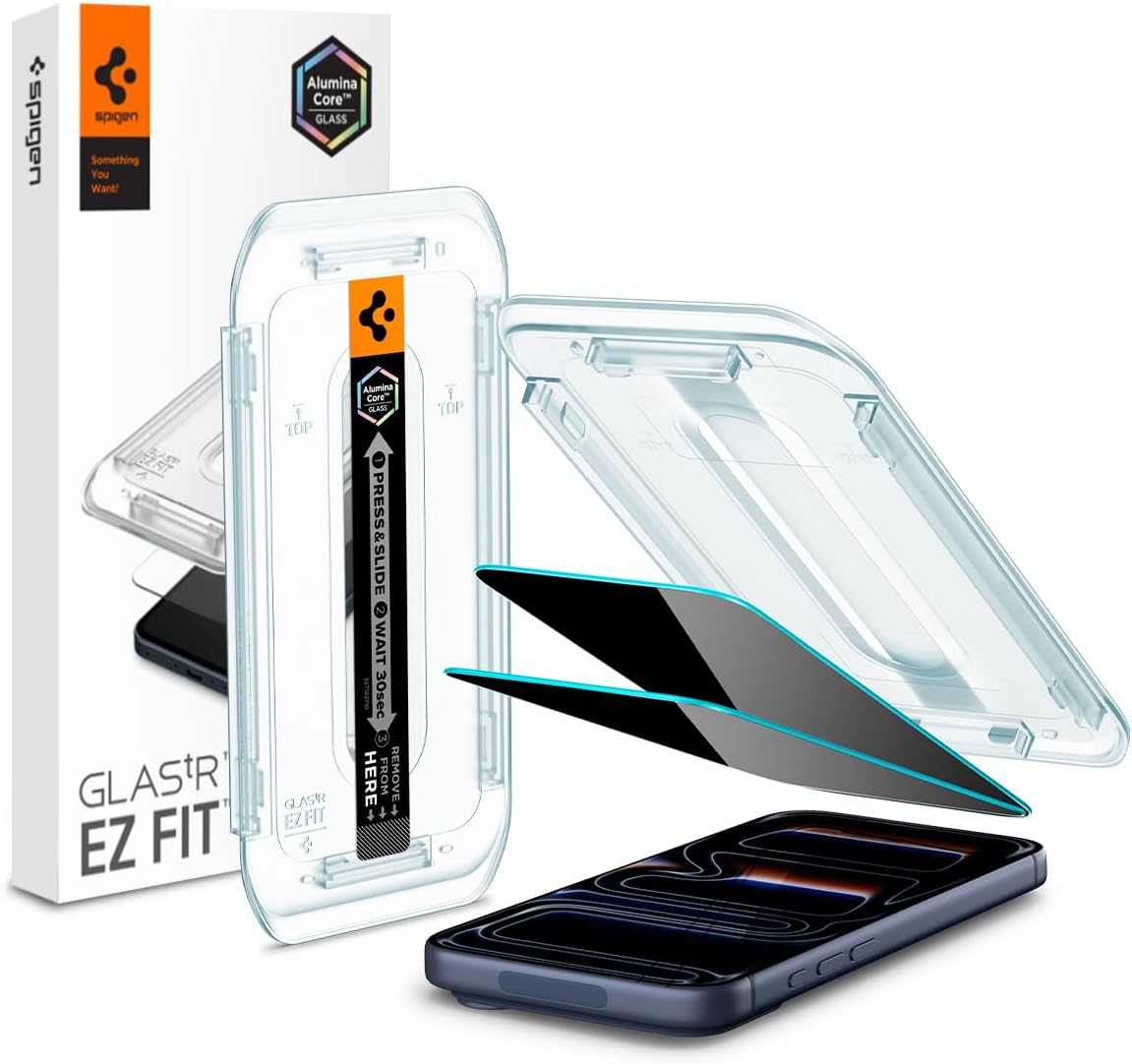 Spigen AluminaCore Tempered Glass Screen Protector [Glas.tR EZ Fit - Privacy] designed for iPhone 17 Pro | iPhone 17 | iPhone 16 Pro [2 Pack] 9H+ Hardness, Aluminum-Enhanced Durability