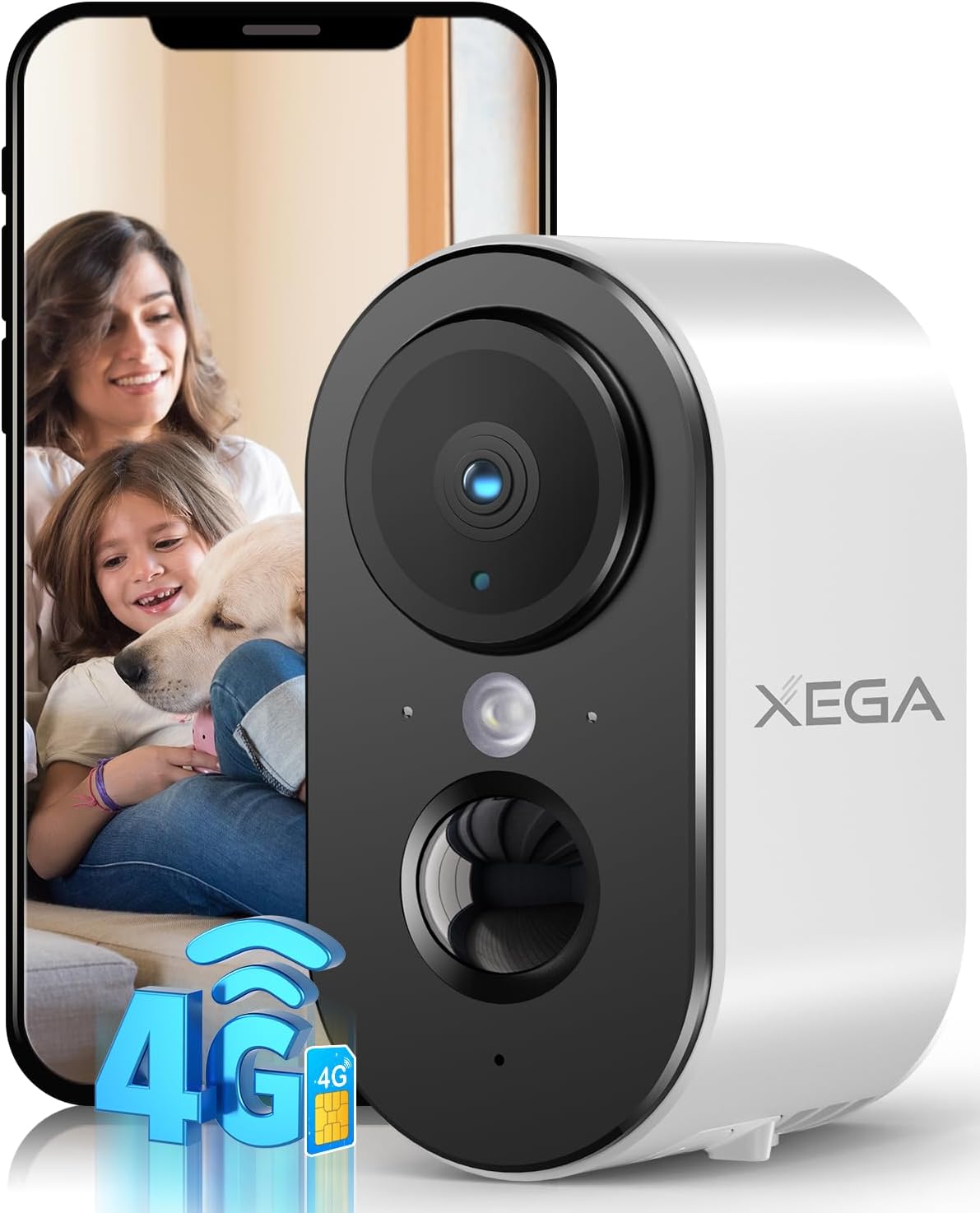 Xega 4G Cellular Security Camera with SIM Card Indoor, 2K Super HD LTE Indoor Security Camera Portable, 6000mAh Battery, PIR Motion Detection, 3MP Color Night Vision, 2-Way Audio, TF/Cloud, IP65