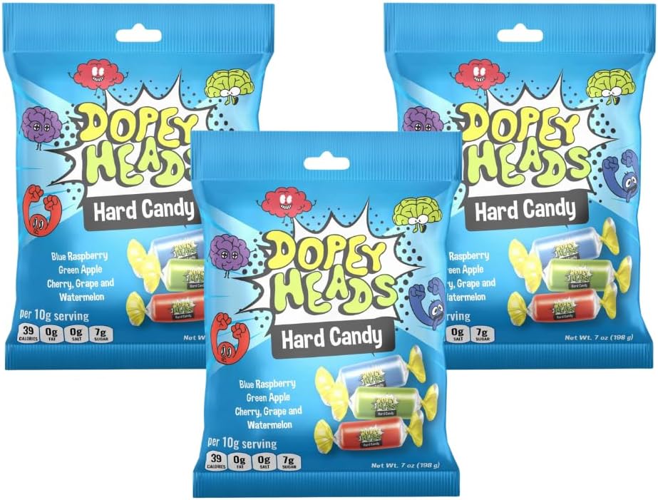Dopey Heads | Hard Candy | HALAL | Assorted Hard Candy | Five Flavours | Blue Raspberry | Apple | Cherry | Grape | Watermelon | Pack of 3 | Weight 198g (7 oz) Each (Assorted Hard Candy)