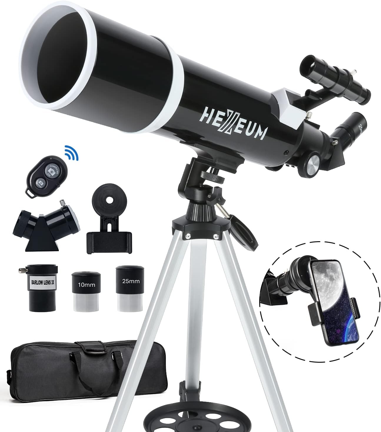 Telescope for Adults & Beginner Astronomers - 80mm Aperture 600mm Fully Multi-Coated High Transmission Coatings with AZ Mount Tripod Phone Adapter, Carrying Bag, Wireless Control. | High-power 80mm AZ refractor for adults and beginners, with Barlow lens, phone adapter, wireless remote and carry bag.