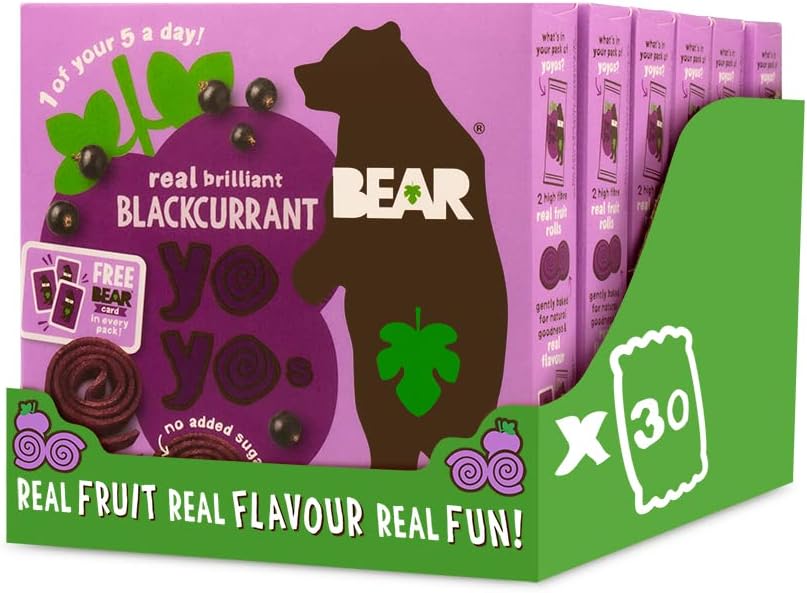 BEAR Blackcurrant Yoyos - Dried Fruit Rolls - Healthy - Vegan - 20g - 6 x 5 Packs (Pack of 30)