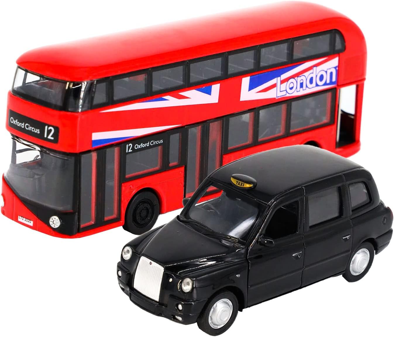 D.A.Y. Republic Official TFL Licensed Classic Austin PX4 Black Cab Taxi and NEW Routemaster Double Decker London Bus, Metal Die Cast Pull Back Action Toy Models (Large London Taxi and Bus)