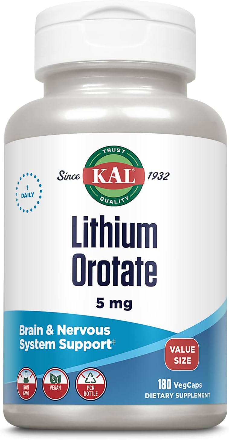 KAL Lithium Orotate 5mg, Low Dose Lithium Supplement for Brain, Nervous System and Mood Support, Chelated and Highly Bioavailable, Vegan, Non-GMO, Organic Rice Extract Blend, 180 Servings, 180 VegCaps
