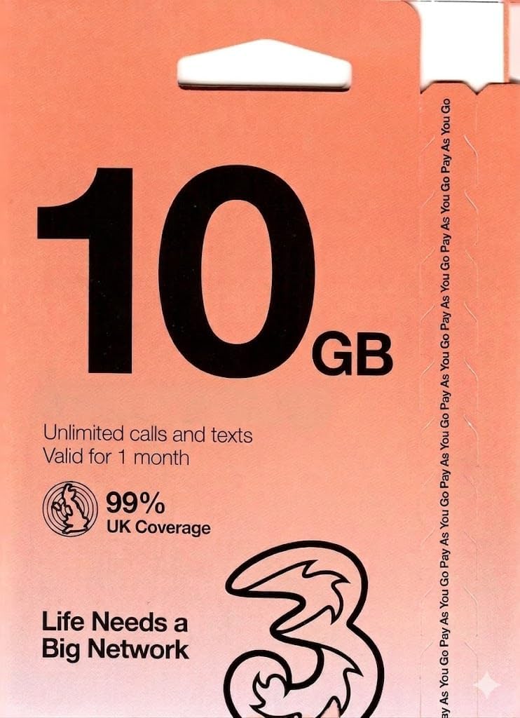 TSIM PrePaid Europe SIM Card 10GB in UK / 6GB in Roaming Countries (UK Three) for 30 Days with Free Roaming/USE in 71 Destinations Including All European Countries