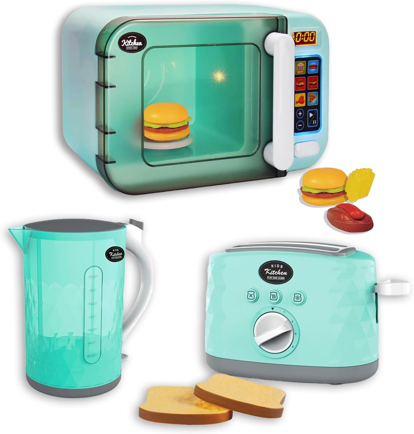 COO11 Kids Microwave, Toaster and Kettle Toys, Kitchen Play Set with Light and Sound, Interactive Pretend Home Appliances for Kids – Educational Role Play Gift for Boys and Girls Ages 3+