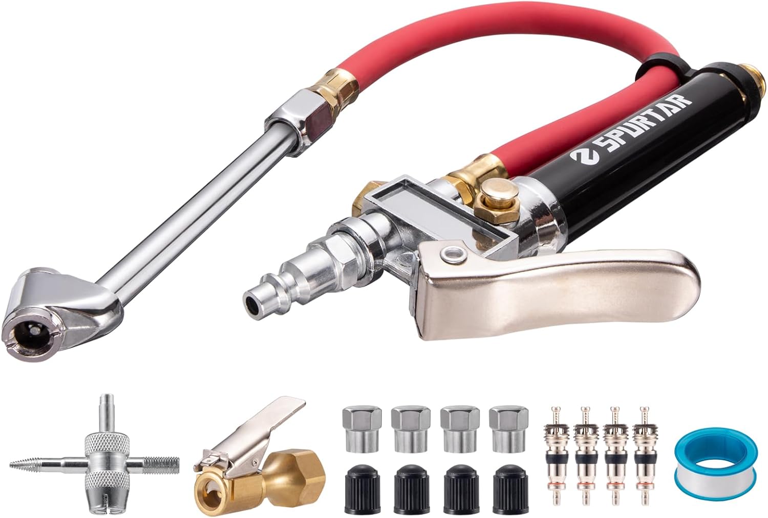 Spurtar 10-120 PSI Car Tyre Pressure Gauge Gun Tyre Inflator Air Tool with 4 Way Tool and Valve Cores Air Compressor Accessories for Car Truck Heavy Duty Vehicle