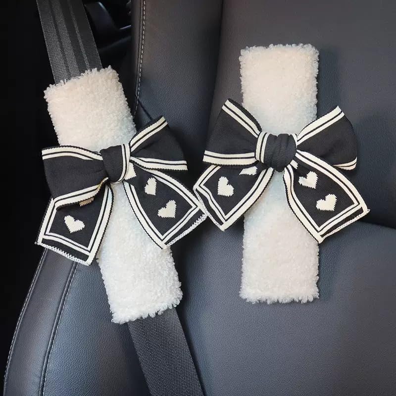 Cute Bowknot Car Seat Belt Shoulder Covers - Winter Interior Decor and Safety Protection (Lambswool Black 1pair)