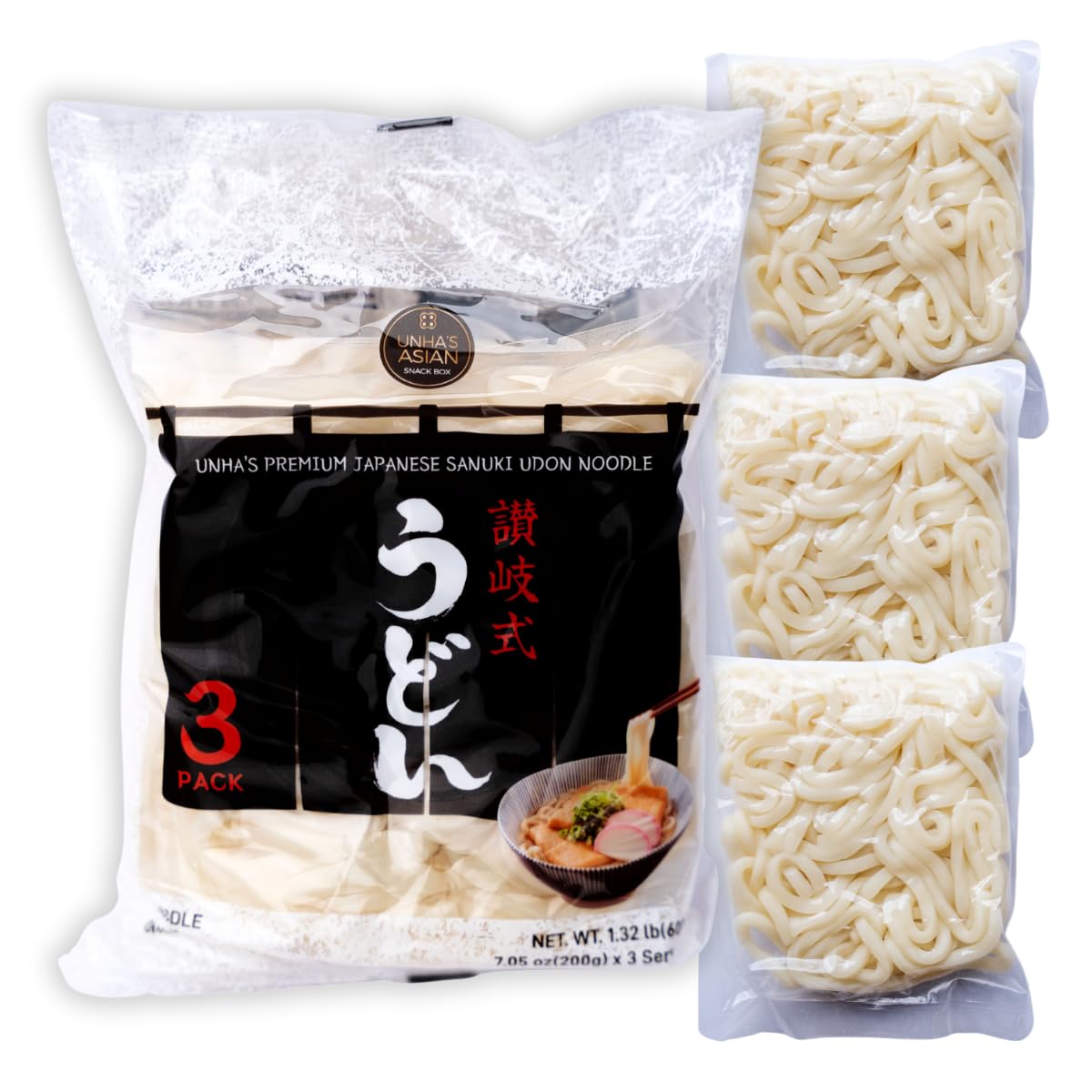 Unha's Japanese Sanuki Fresh Udon Noodles, Jumbo Style Chewy Noodles with No Soup, Quick and Easy, Individual Pack 22 OZ (200g/3Pack) (1 Pack)
