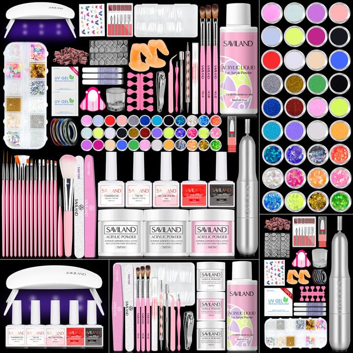 SAVILAND Acrylic Nail Kit with Drill: Professional Nail Kit Acrylic Set for Beginners with Everything Gel Polish U V Light Decorations for Home Salon Gift Set