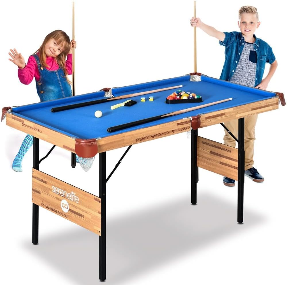 SereneLife 4.5ft Folding Pool Table, 55in Portable Foldable Billiards Game Table for Kids and Adults with Accessories, Indoor and Outdoor Games with Sticks, Cue, Balls and Triangle, Blue