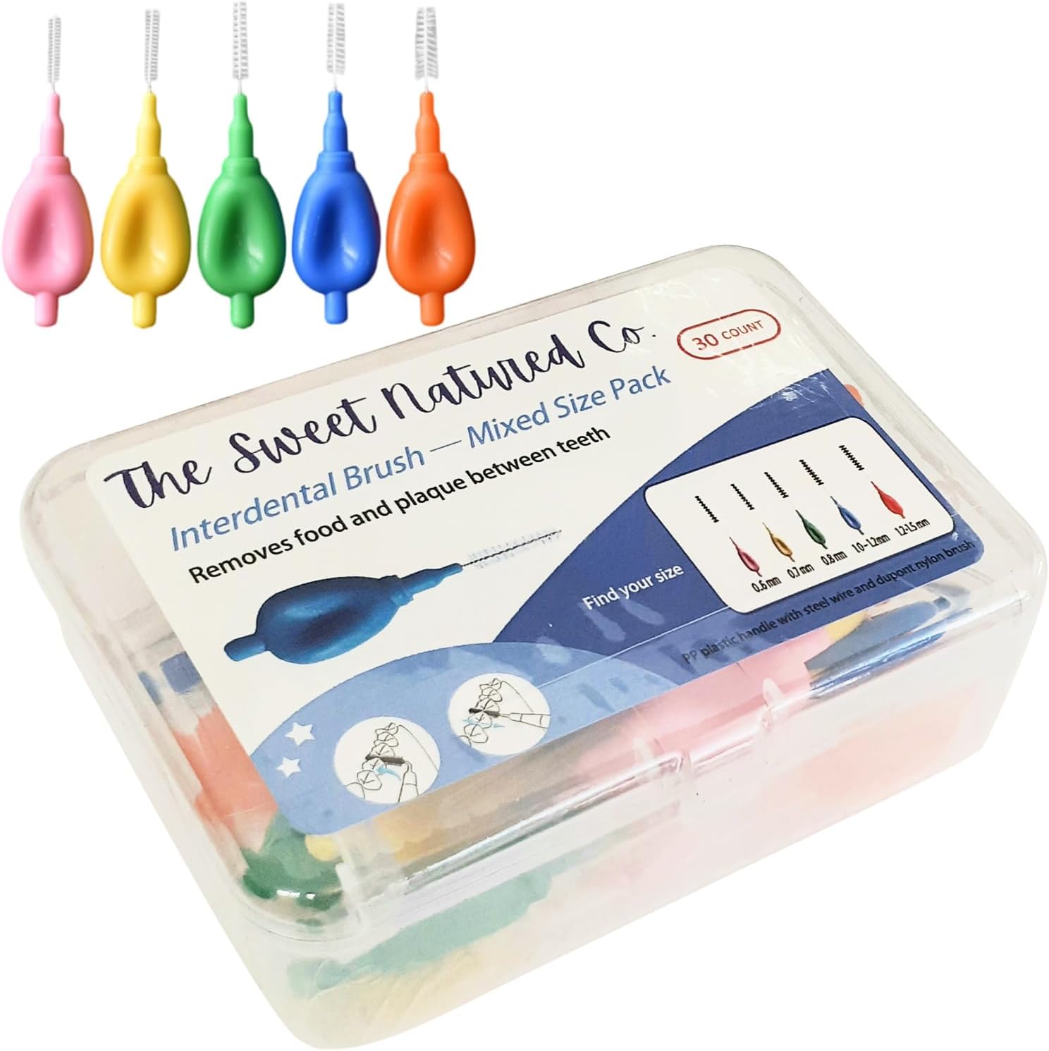 The Sweet Natured Co. 30 Pcs Interdental Brushes with Ergonomically Q-Shaped Handle. Mixed Pack of 5 Different Sizes, for All Your Teeth Cleaning Needs. Contained in a Re-Usable Storage Box.
