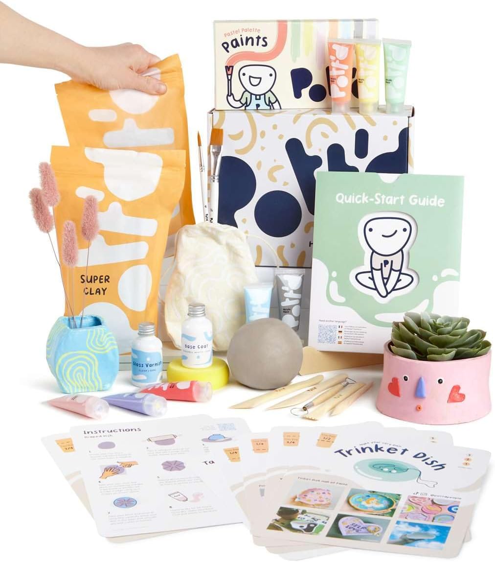 Pott'd at Home Pottery Kit for Adults. Air Dry Clay Kit for Beginners. Craft Kit for Adult Includes: Air-Dry Clay for Adults, Tools, Paints, Brushes, Sealant, How-to-Guides