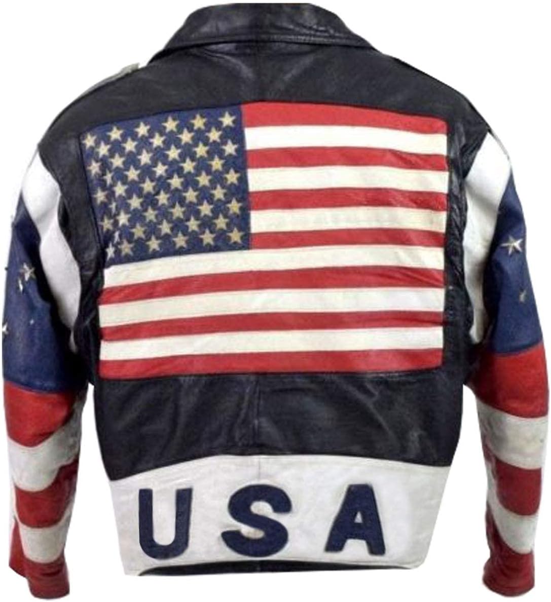 LP-FACON American Flag Jacket - Mens Brando Leather Bomber Motorcycle Riding Cafe Racer Biker Jacket