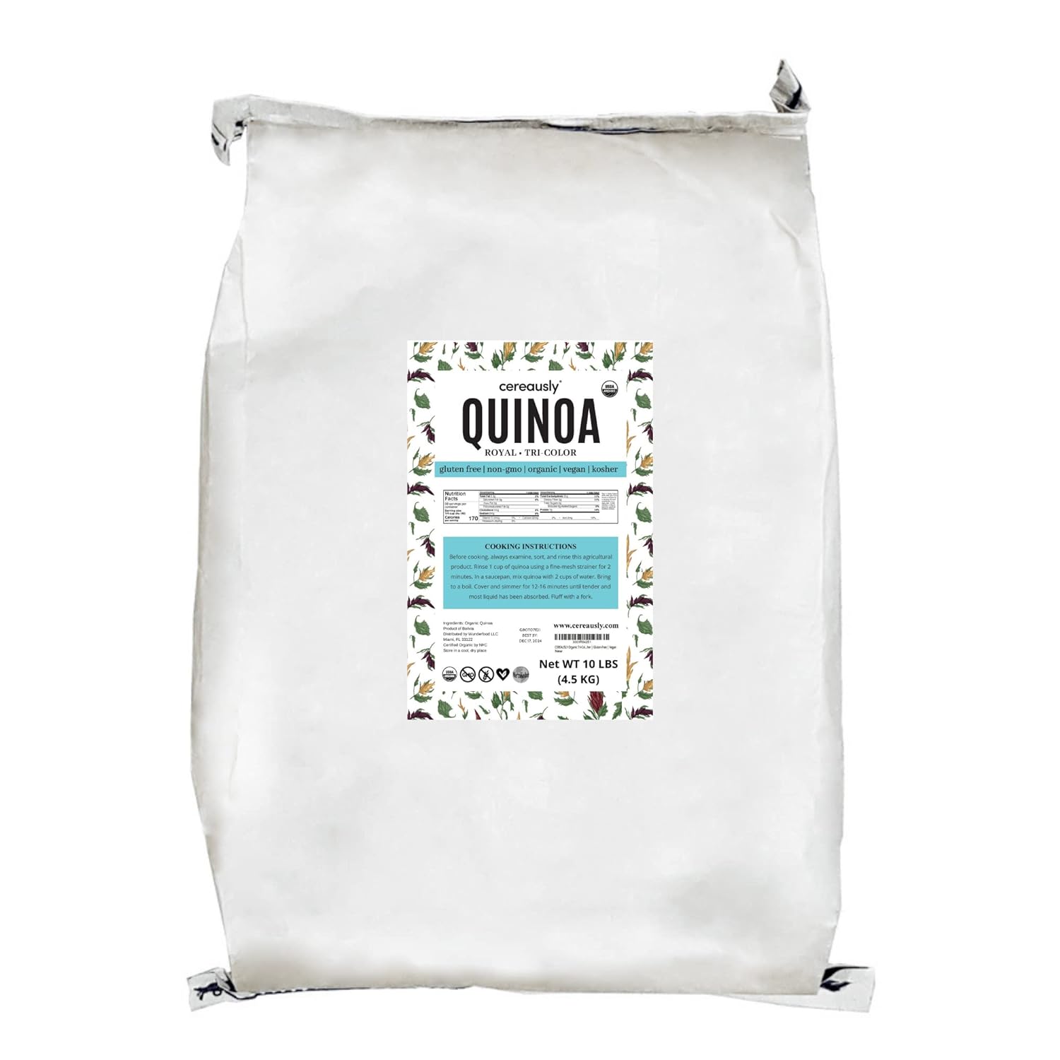 CEREAUSLY Organic Tri-Color Quinoa – Premium Royal Quinoa from Bolivia – Kosher and Non-GMO Quinoa Bulk – Vegan and Gluten-Fee Cooking Quinoa – 10 LB