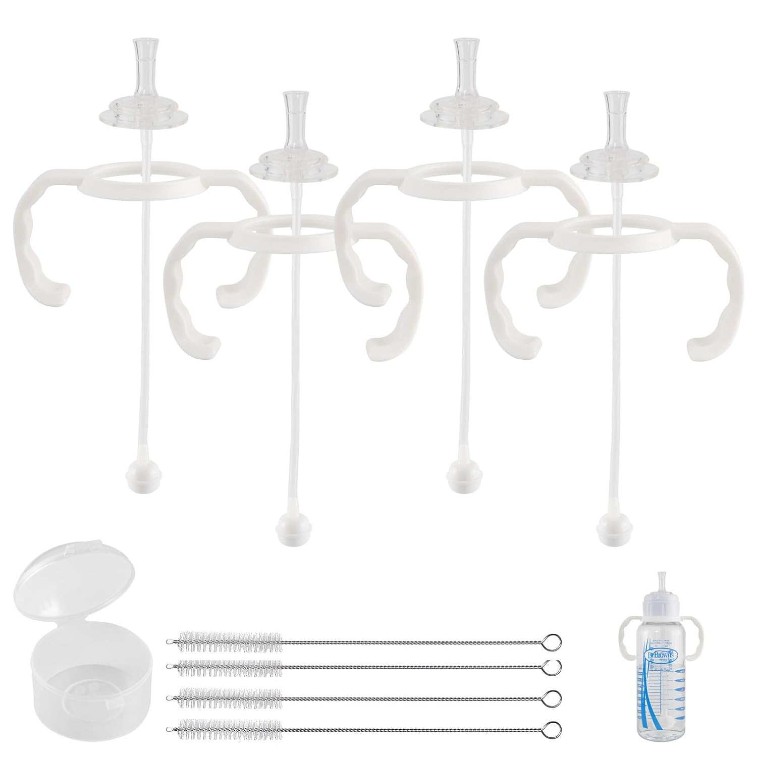 Straw Cup Conversion Kit for Dr Browns Narrow and Narrow Glass Baby Bottles, Spill-Proof Transition Kit with Silicone Straw Nipple, Weighted Straw, Handle, 4 Pack, 6m+