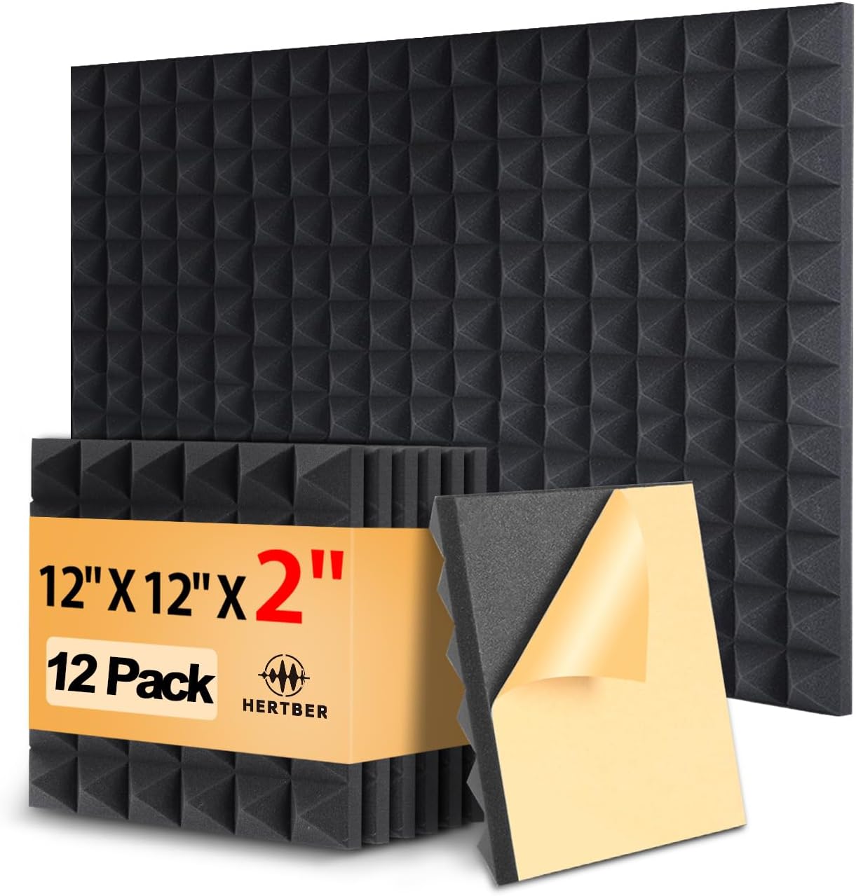 HERTBER 12 Pack Sound Proofing Panels, 12x12x2 Inch Acoustic Wall Panels, Self Adhesive Soundproofing Panels with Strong Glue, High Density Acoustic Panels for Sound Absorption and Echo Control