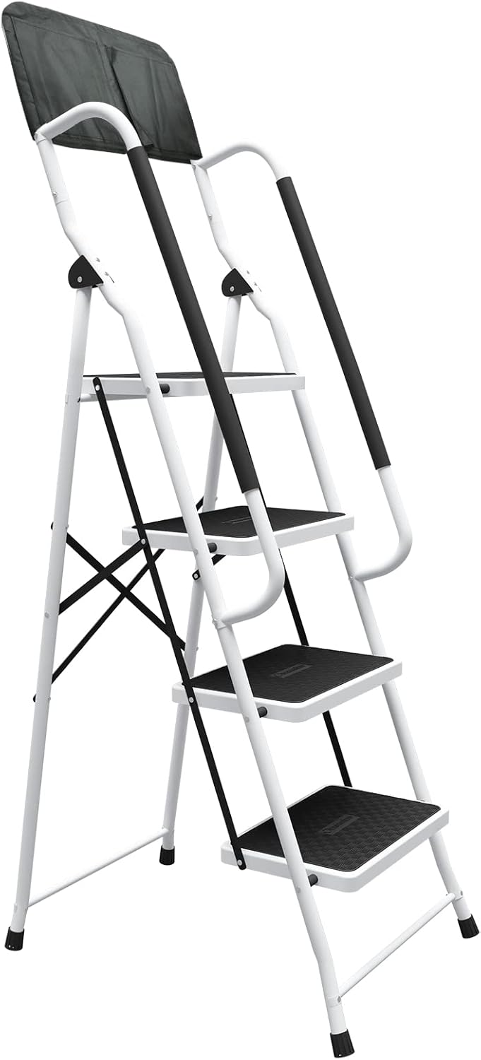 DAWNYIELD 4 Step Steel Folding Step Ladder Anti-slip with Safety Handrailstep Heavy Duty Step Stools for Adults Home Kitchen Outdoor -4 Step Ladder