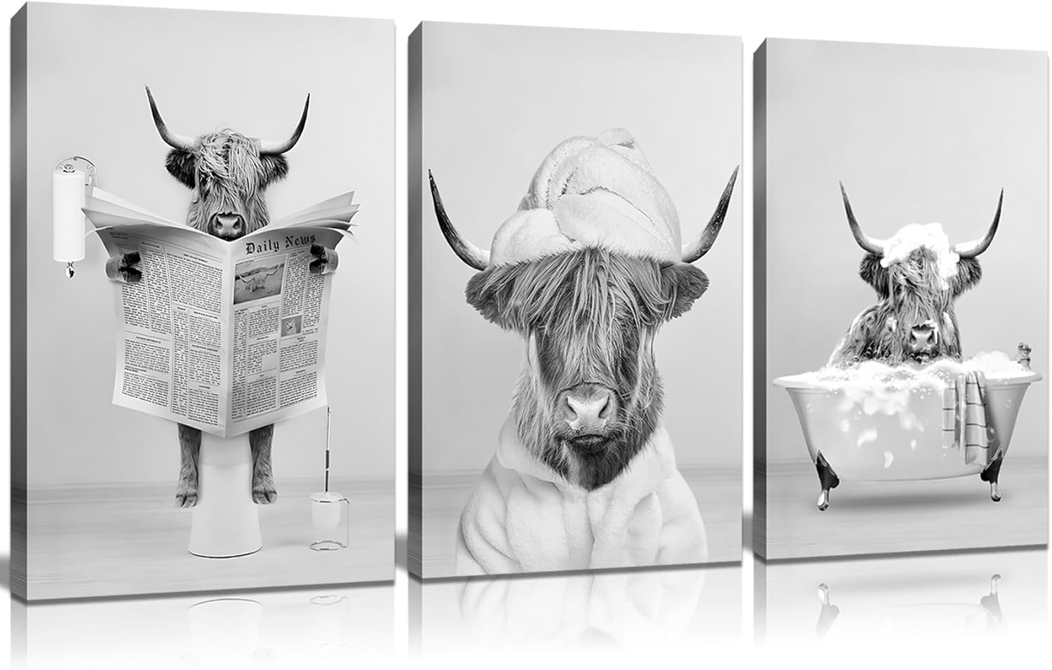 Framed 3pcs Black And White Highland Cow Wall Art Bathroom Decor Canva Poster Printing Canvas Artwork Living Room Apartment Bedroom Bathroom Office Hotel 16x24inch Ready To Hang