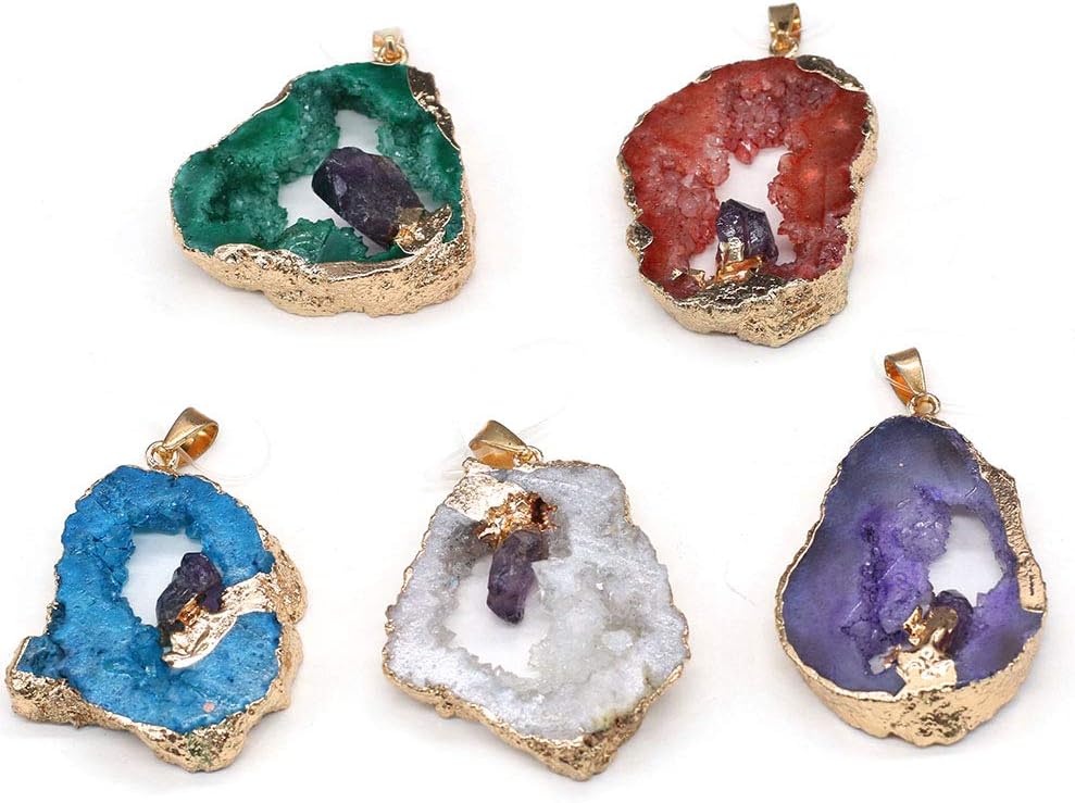 LE SKY 5 Pcs Natural Druzy Stone Pendants Irregular Geode Agate Middle Amethyst Setting Charms for Jewelry Making Necklace