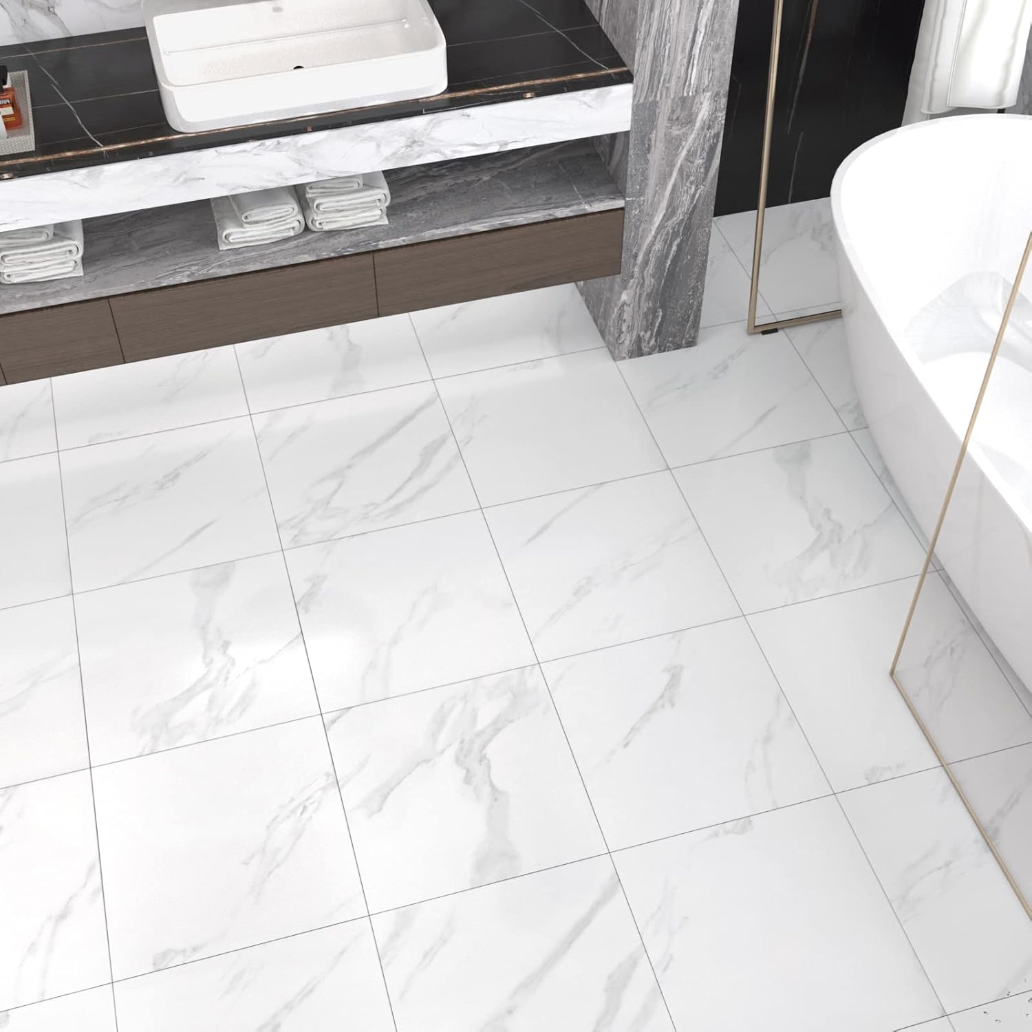 WESTICK White Marble Peel and Stick Floor Tile Bathroom Waterproof Marble Floor Tiles Self Adhesive Sticky Tiles for Floor Bedroom Living Room Camper Kitchen Peel and Stick Tle Floor 20 PCS 12"x12"