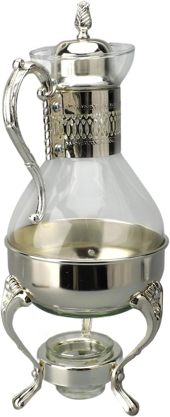 Glass Teapot Set, Glass Coffee Pot Glass Teapot with Warmer Turkish Teapot Vintage Style Tea Kettle Clear Glass Teapot with Lid and Cup (Silver)