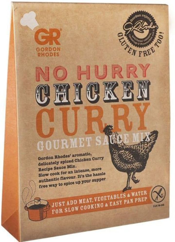 Gordon Rhodes No Hurry Chicken Curry Gourmet Sauce Mix - Gordon Rhodes' aromatic delicately spiced Chicken Curry Recipe Sauce Mix. Slow cook for an intense, more authentic flavour. It's the hassle free way to spice up your supper.