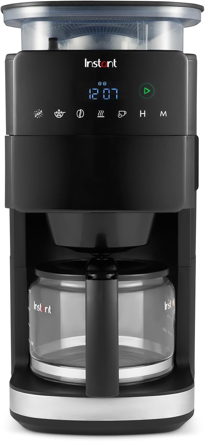 Instant Grind and Brew Bean to Cup Coffee Maker, 24 Hour Programmable Filter Coffee Machine, Reusable Filter, Glass Carafe, Digital Display - 4-10 cup Customisable Brewing & Automatic Bean Grinder