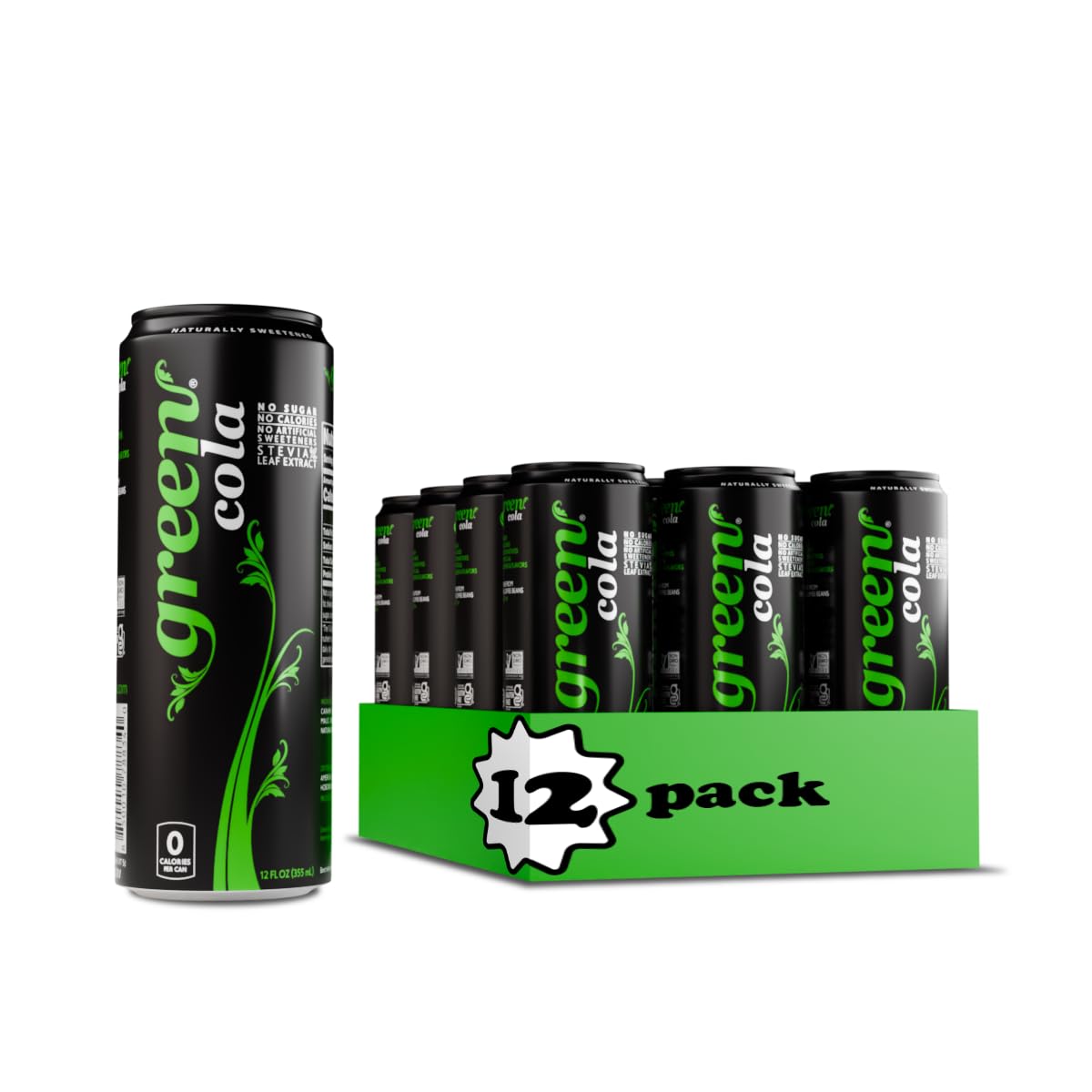 Green Cola - Sugar Free, Zero Calories, Naturally Sweetened with 100% Stevia Leaf Extract, Carbonated Soda, 100% Cola Taste, 12 Fl Oz each can - Pack of 12