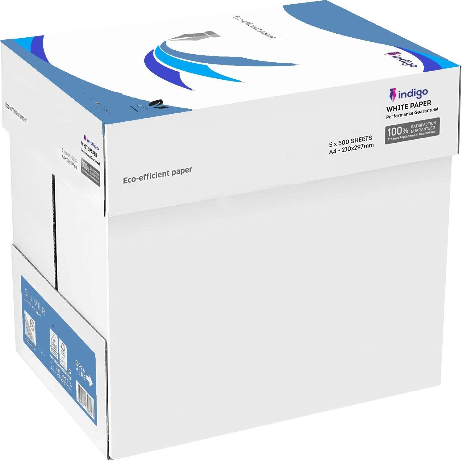 Indigo® A4 Premium White Printer & Copier Paper – 75 GSM – 1 Box (5 Reams, 2500 Sheets) – Multipurpose Office Paper for Laser, Inkjet, and Copy Machines