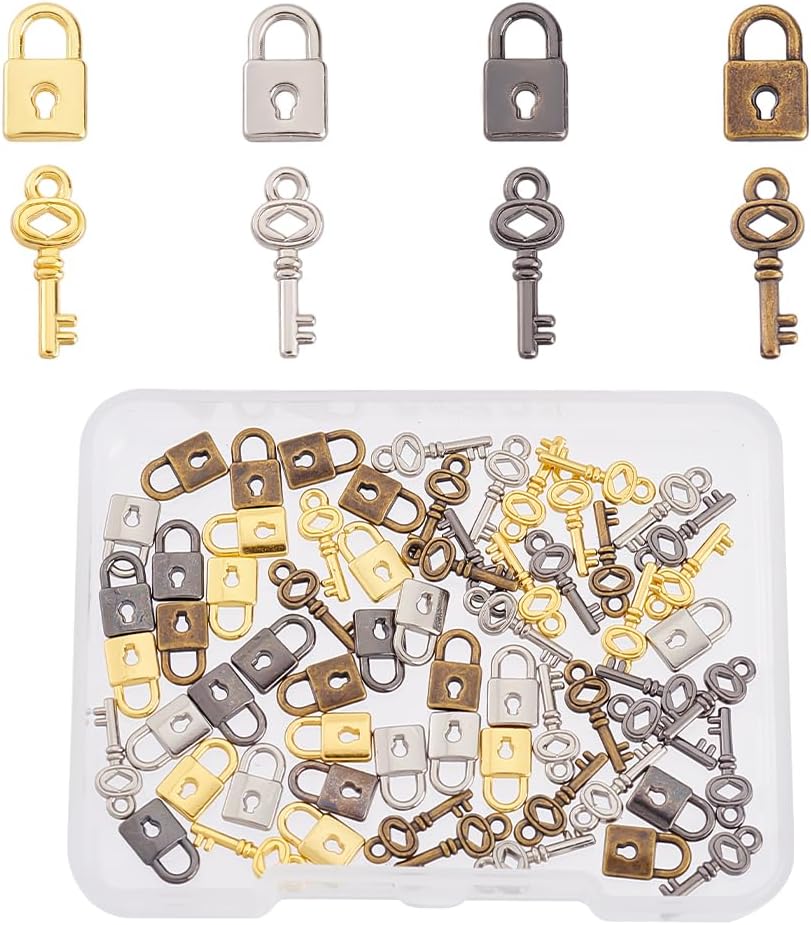 GOMAKERER 64 Pcs 8 Styles Mini Alloy Lock Key Charms, Super Tiny Lock Pendants Doll Mini Metal Lock Keys Mixed Color Doll Accessories for Jewelry Making, Dollhouse, DIY Projects