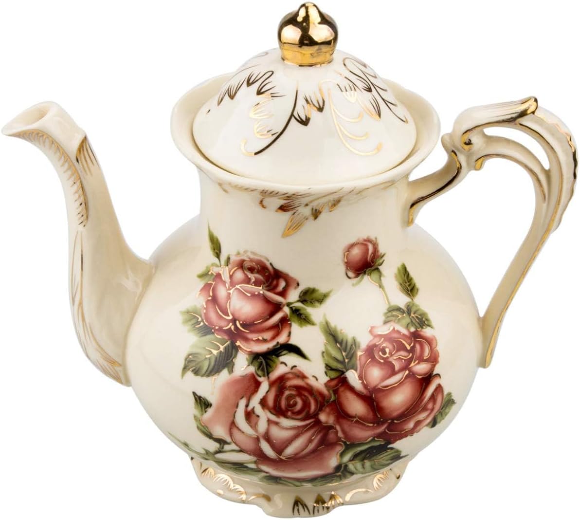 Rose Pattern Ceramic Tea Pot, STARVAST Vintage Floral Pottery Teapot Ivory 28oz Large Porcelain Decorative Teapot, Gifts or Collections Idea (Capacity: 800 mL)