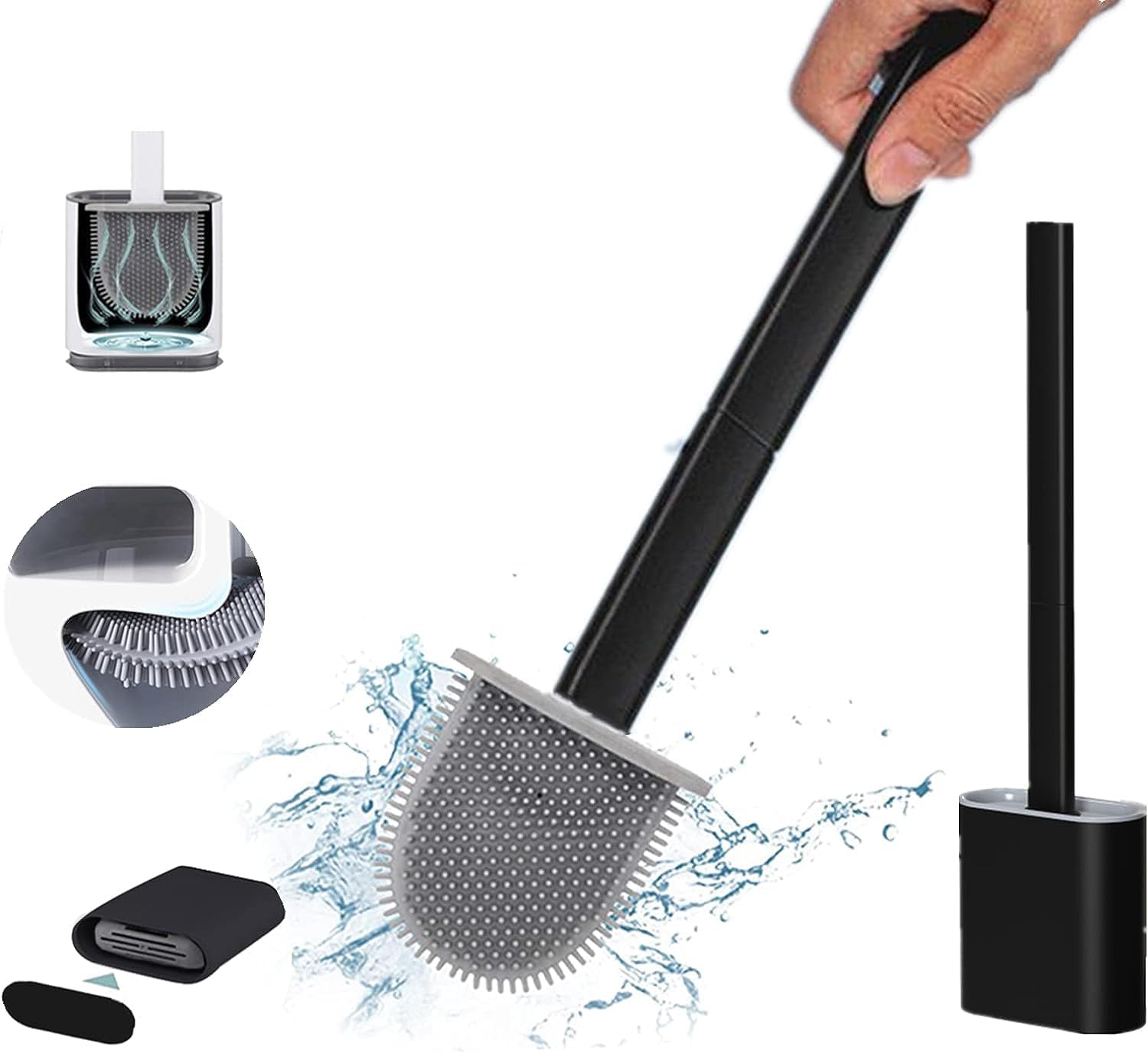 Revolutionary 1 Pack Black Deep Clean Silicone Toilet Brush & Quick Dry Anti-drip Holder, Flexible No scratch Bathroom Brush
