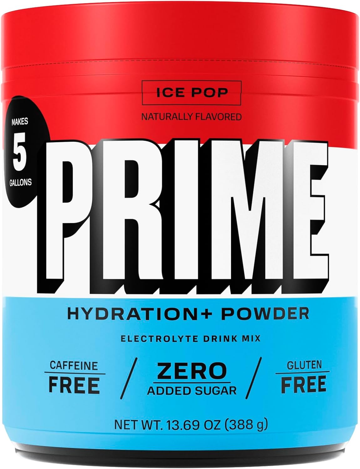 PRIME HYDRATION Powder ICE POP, Caffeine-Free, Electrolyte Powder On The Go, 250mg BCAAs, B Vitamins, Antioxidants, Low Sugar, Vegan, 5 Gallon Tub