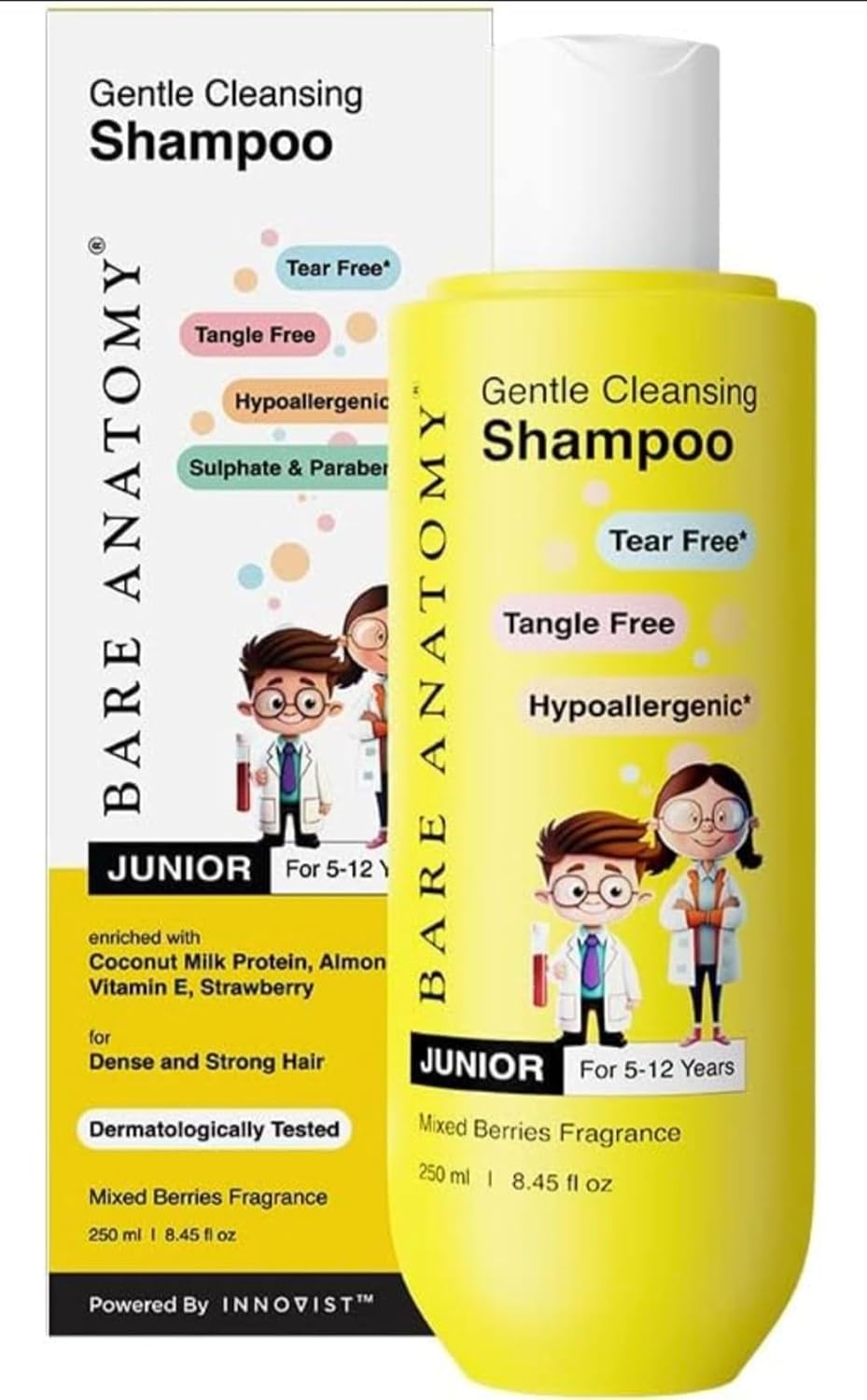 Bare Anatomy Junior Gentle Cleansing Shampoo For Kids from 5-12 Years | Tear-Free & Hypoallergenic pH 5.5 | Coconut Milk Protein, Almond Oil, Vitamin E & Strawberry | SLS & Paraben Free | Vegan -250ml