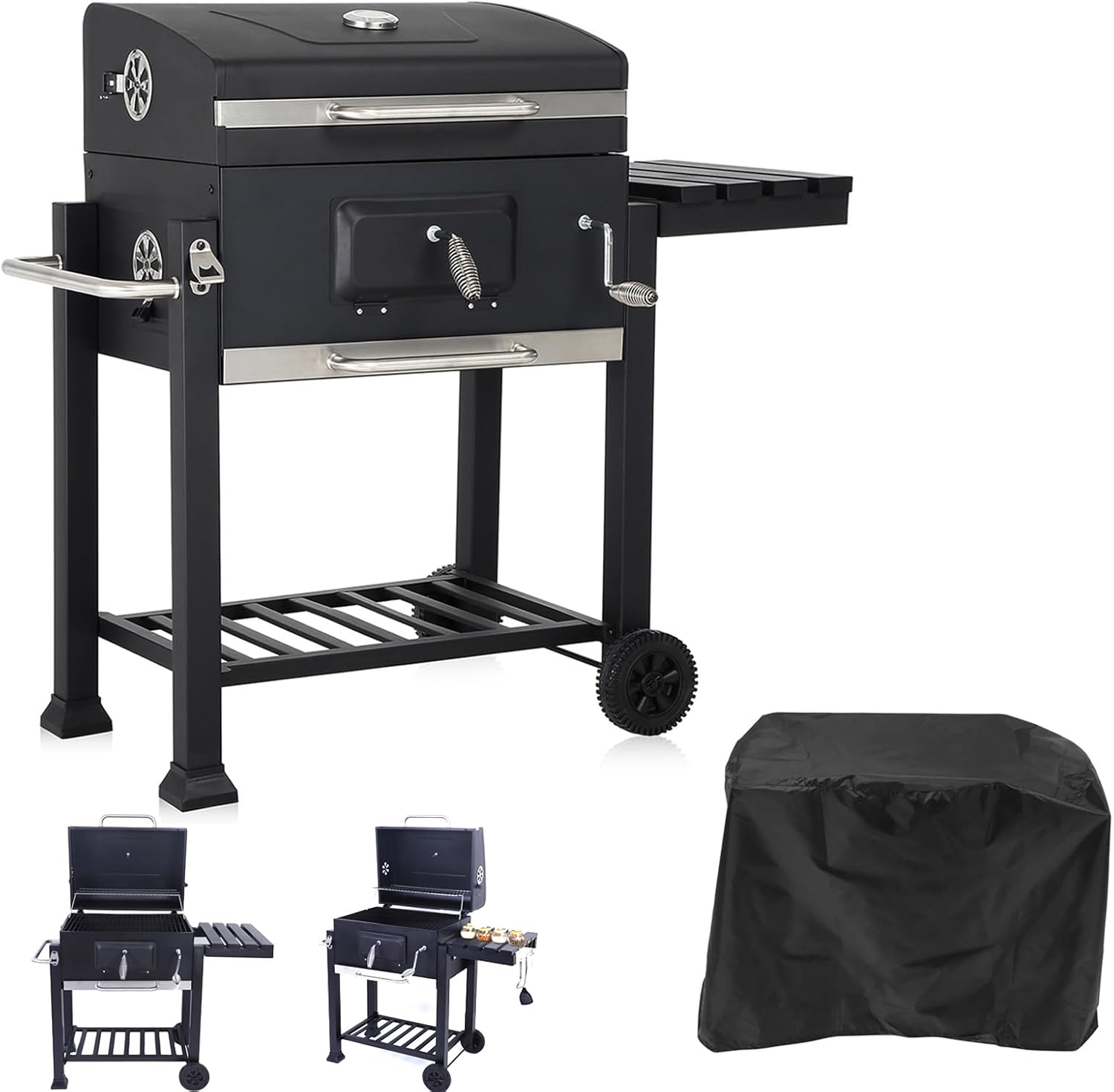 Large Charcoal BBQ Grill - Smoker BBQ Trolley - XL Coal Barbecue Grill - with Adjustable Grills, Built-in Temperature Gauge, Bottle opener, Pull-out ash tray - FREE RAIN COVER (Large)