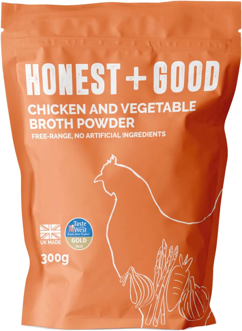 Honest + Good Chicken & Vegetable Bone Broth Powder - 300 g | 1 Month Supply | UK Made Gold Award Winner | Made With Free Range Chicken | Type II Collagen & Protein Promote Hair Skin Nail & Gut Health